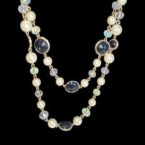 Faux Pearl With Black & Clear Acrylic Beaded Double Strand Necklace‎